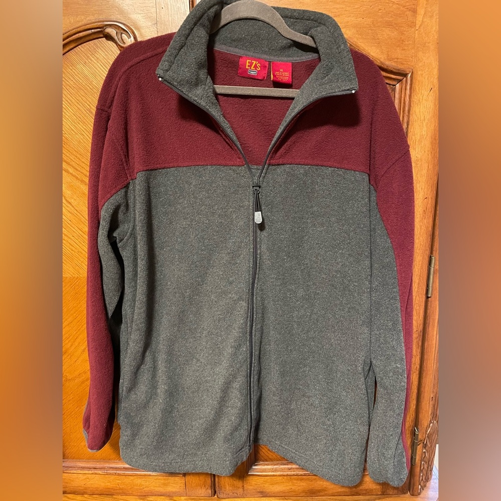 EZ'S HAGGAR MEN'S FLEECE JACKET Full Zip Gray & Maroon Vintage Pockets Size XL